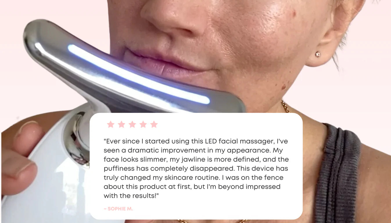 Woman using a LED facial massager with a testimonial overlay on a pink background